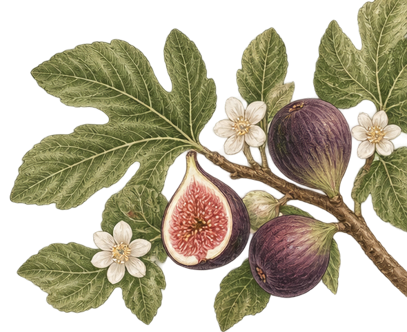 Original vintage botanical fig branch with multiple lobed leaves, three figs, white flowers, and a sliced fig showing its red interior